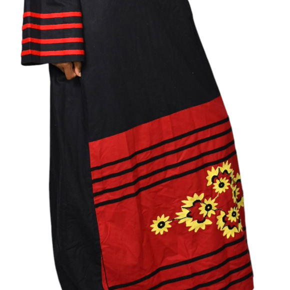 Egyptian Embroidered Caftan Dress Black Long Sleeve Cover Up Tunic Floral Large - Picture 14 of 15